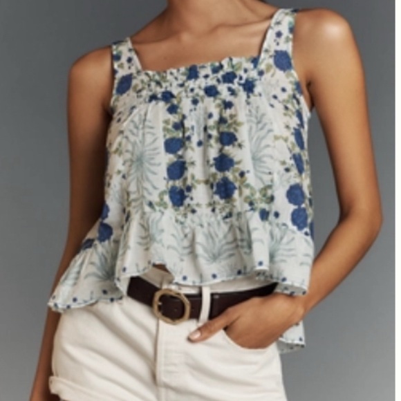 Maeve Tops - Maeve Floral Blue and White Women's Swing Top, Size L